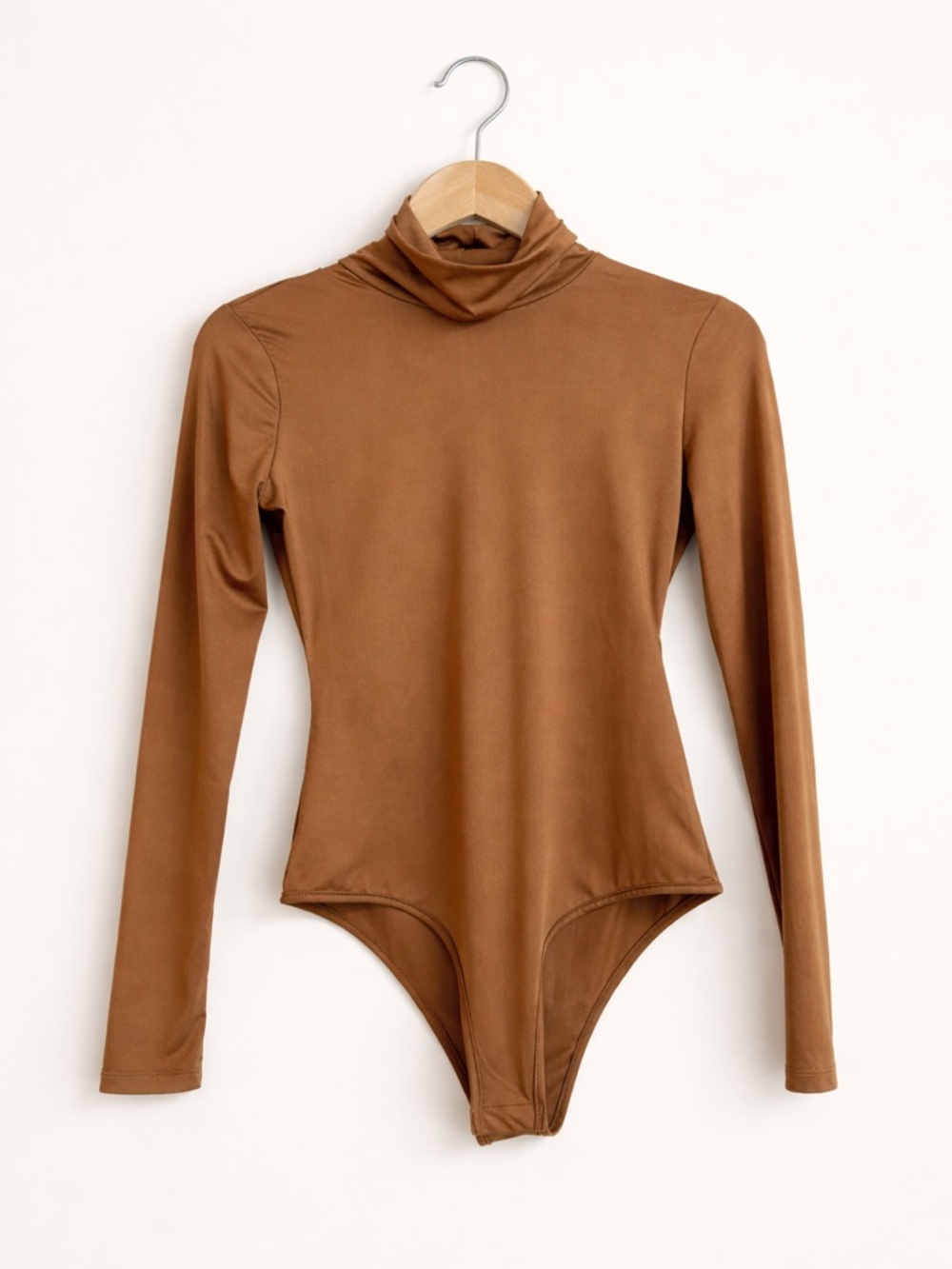 Brown Turtleneck Long Sleeve Bodysuit | Size S | Sleek Stretch Minimalist Top